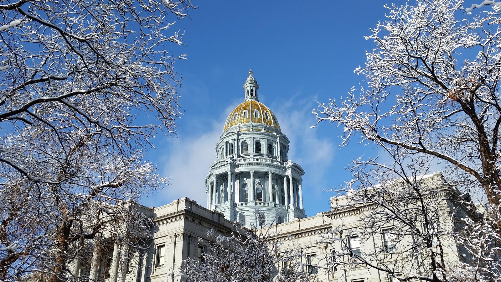 capitol with gold dome, pictured in the winter