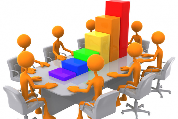 3D stick figures seated around a conference table with a 3D bar chart on top