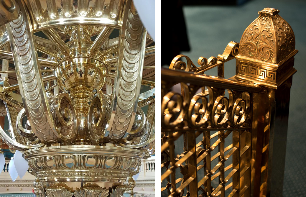 Details of ornate silver and bronze fixtures and railings within the Capiitol