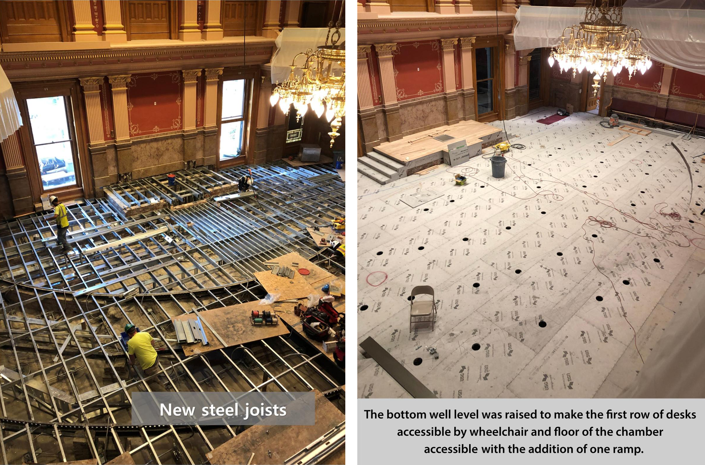 New steel jousts - the bottom well was raised to make the first row of desks accessible by wheelchair and floor of the chamber accessible with the addition of one ramp
