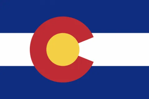 Flag of Colorado - a red letter C, with a yellow circle in the center, with horizontal stripes in the background - blue, white, then blue